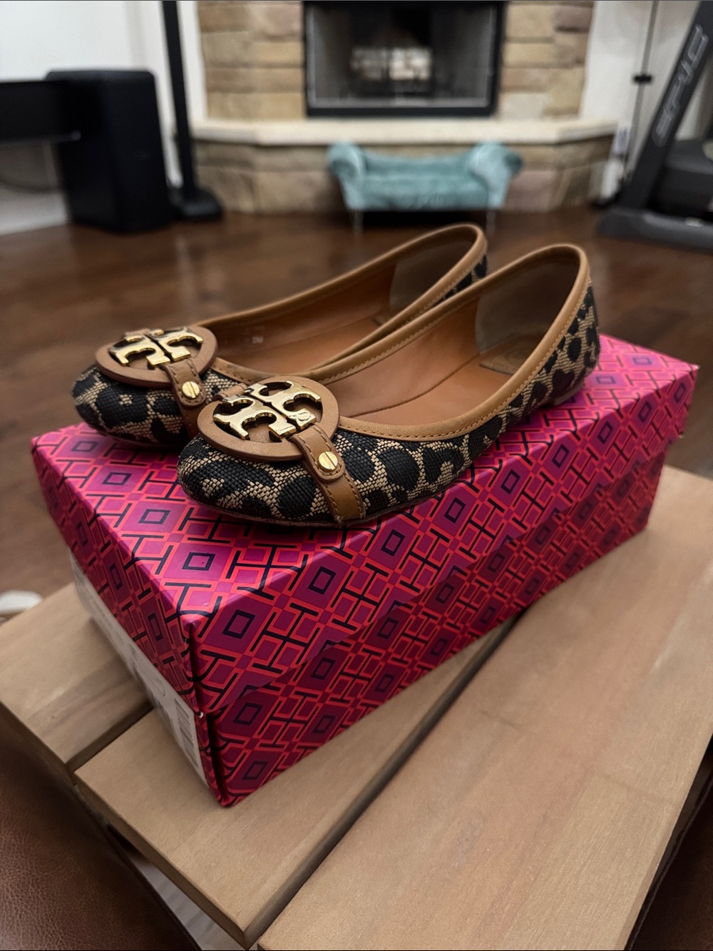 Tory Burch Black and Brown Logo Jacquard Ballet Flats